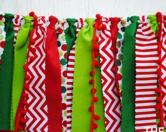 Red & Green Christmas Fabric Bunting: Holiday Party Garland, Decor, Photo Prop