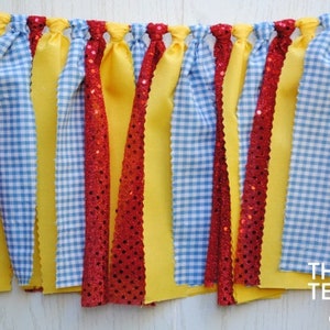 Wizard Fabric Bunting, Dorothy Fabric Garland, Blue Gingham Bunting, Blue Yellow Red Garland, Wizard Party, Bunting Photo Prop