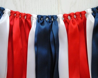 Navy Red Ribbon Bunting, Garland Banner, Navy Red Decor, Graduation Party Decor, Football Party Bunting