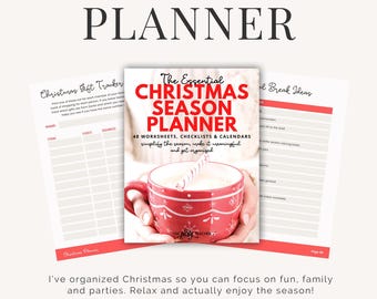 May include: A red and white planner with the title "The Essential Christmas Season Planner" and a mug of hot chocolate with a candy cane. The planner includes 48 worksheets, checklists, and calendars to help simplify the Christmas season.