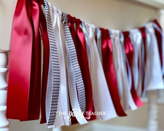 Crimson Ribbon Garland: Houndstooth Team Party Bunting, Graduation Decor, Photo Prop