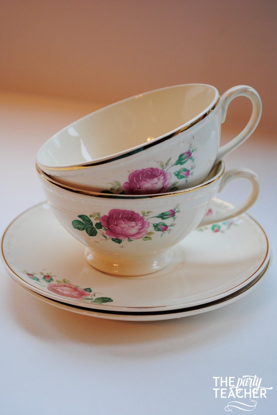 Set of 2 Pink Rose Tea Cups Saucers, Vintage Tea Cup Saucer, Eggshell Georgian by Homer Laughlin, Tea Party, Rose Cup Saucer Il_570xn