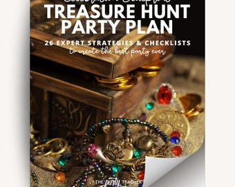 May include: A party plan titled "TREASURE HUNT PARTY PLAN" with the text "26 EXPERT STRATEGIES & CHECKLISTS to create the best party ever." The image shows a wooden treasure chest with gold coins, jewels, and a curled corner.