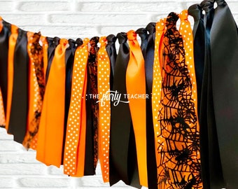Halloween Ribbon Garland: Spider Web Bunting, Party Banner, Orange Black Birthday Decor, Photo Prop