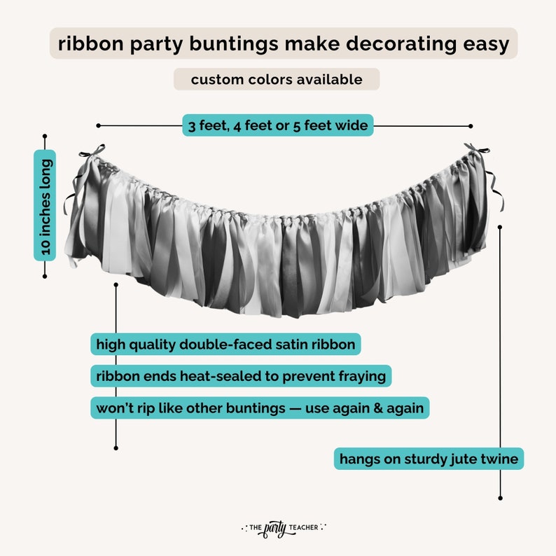 May include: A ribbon party bunting with a 10-inch length and 3, 4, or 5 feet wide. The bunting is made of high-quality double-faced satin ribbon with heat-sealed ends to prevent fraying. It hangs on sturdy jute twine.  The text on the image reads: "ribbon party buntings make decorating easy custom colors available 3 feet, 4 feet or 5 feet wide high quality double-faced satin ribbon ribbon ends heat-sealed to prevent fraying won't rip like other buntings - use again & again hangs on sturdy jute twine THE party TEACHER."