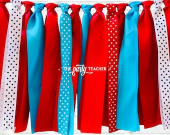 Red Aqua Ribbon Bunting: Birth Party Garland, Photo Booth Backdrop, Classroom Decor