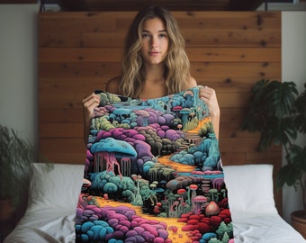 Mushroom Blanket Psychedelic Blanket Trippy Neon Mushroom Decor Throw Blanket Blankets Mushroom Bedding