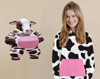 Cow Avatar Hoodie - Cow Print Hoodie - Gamer Gift Idea - Voluptuous Cow Hoodie - Black and Pink Hoodie - Adorable Hoodie