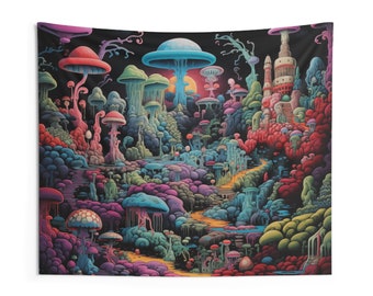 Psychedelic Wall Tapestry -Mushroom World Art -Trippy World Wall Art -Mushroom Bedroom Decor -Mushroom Wall Hanging -Colorful Retro Mushroom