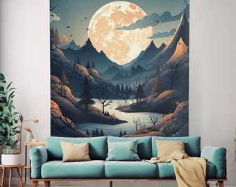 Mountain Tapestry - Moon Tapestry -Forest Tapestry -Green Tapestry -Forest Wall -Nature Tapestry -Vertical tapestry -Mountain Wall Art