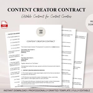 May include: A white Content Creator Contract template with the text "CONTENT CREATOR CONTRACT" and "Editable Contract for Content Creators". Includes a logo placeholder and instant download icon.