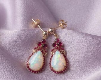 Teardrop Opal & Ruby Diamond Long Drop Earrings For Women 14K Yellow Gold Silver Jewelry