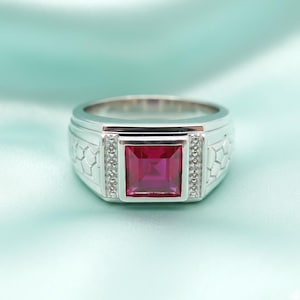 Men's Princess Ruby Engagement Full Finger Ring 14K White Gold & Silver Occasion Antique Band