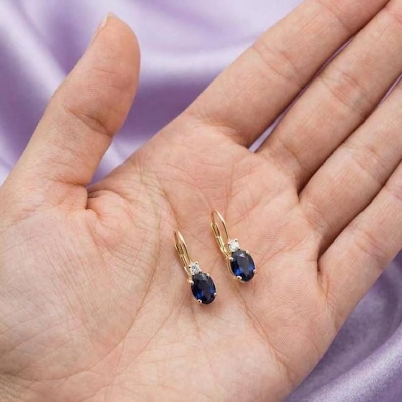 Sophisticated Sapphire & Diamond Leverback Earrings For Special Occasions 14K Yellow Gold Silver image 5