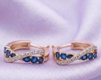 Sapphire Huggie Hoops Dainty Blue Diamond Handmade 14K Yellow Gold & Silver Earrings Gift