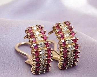 Pave Set Red Ruby Minimalist Hoop 14K Yellow Gold Omega Back Women's Earrings Silver