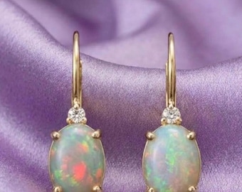 Fire Opal Oval Luxurious Drop Dangle 14K Yellow Gold Handmade Women's Earrings For Wedding