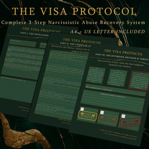 Può includere: Un set di documenti verde scuro intitolato "The Visa Protocol" per il recupero dagli abusi narcisistici. I documenti presentano testo e grafica, con "Visa Approved" e "Visa Revoked" in basso. Include formati A4 e US Letter.
