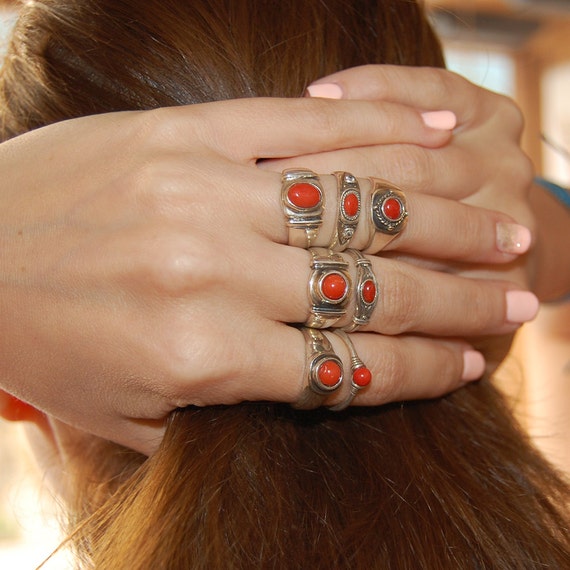 Red coral clearance ring in silver