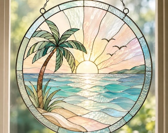 Coastal Beach Sunset Suncatcher Glass, Tropical Palm Tree Stained Glass Window Hanging, Ocean Wave Sun Catcher Decor Gift