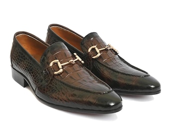 Men's Brown Crocodile Embossed Horsebit Loafers Handmade Leather Luxury Dress Shoes