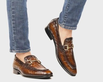 Handcrafted Croc Embossed Leather Loafers, brown formal slip-on dress shoes,