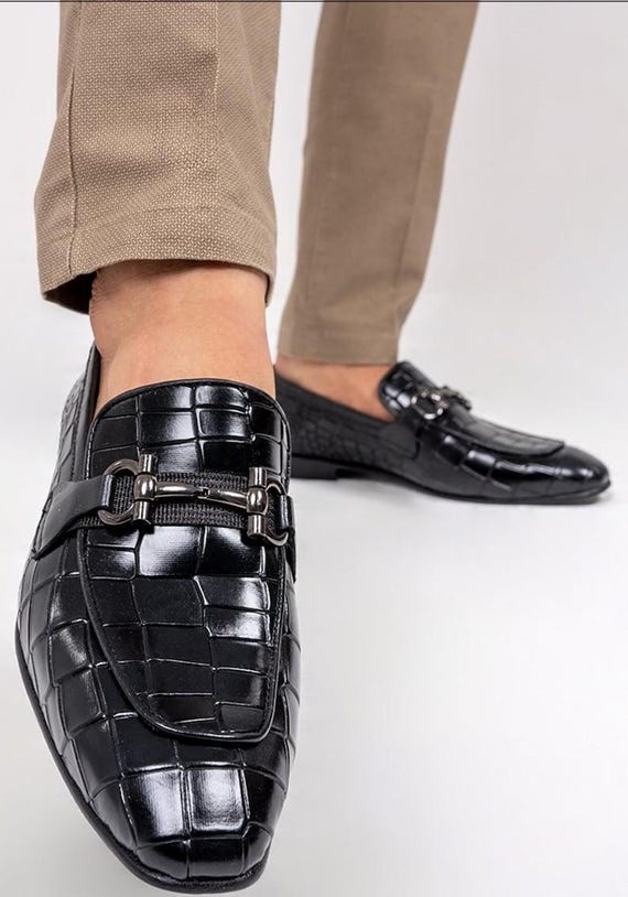 Handmade Black Crocodile Embossed Leather Loafers | Men's Italian