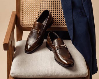 Handmade Brown Leather Loafers, Men's Slip-On Dress Shoes,Smart Casual,Formal Wedding Dress