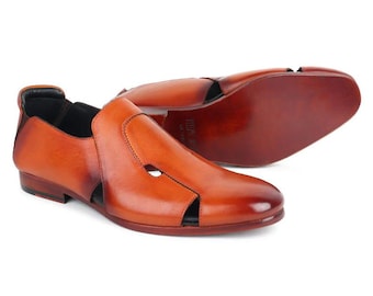 Cognac tan leather slip on loafers for men, cutout dress shoes, lightweight