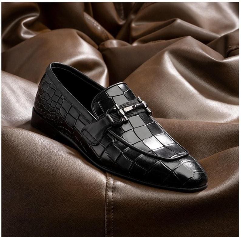 Handmade Black Crocodile Embossed Leather Loafers | Men's Italian