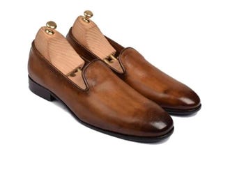 Handgjorda bruna belgiska loafers i läder för män, slip-on, formella skor