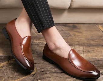 Handmade Men's Brown Leather Loafers | Formal Slip-On Dress Shoes