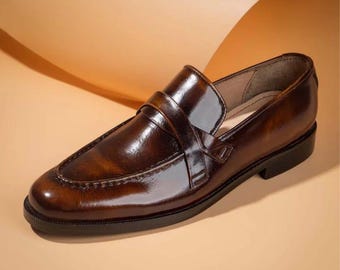 Handmade Genuine Calf Leather loafers, brown patina, men’s slip-on dress shoes