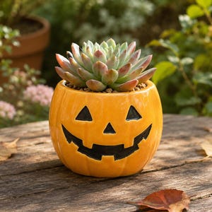 May include: A glossy orange ceramic planter shaped like a jack-o'-lantern with a carved black face, containing a green and pink-tipped succulent plant. The round pumpkin-shaped pot features a wide, jagged grin and triangular eyes.