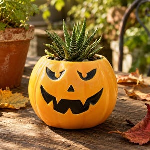 May include: A bright orange ceramic planter shaped like a jack-o'-lantern with a carved black face featuring triangular eyes and a jagged mouth. A small green succulent plant with white speckled leaves is potted inside the pumpkin container.