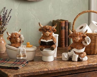 Figurines drôles de vache des Highlands pour salle de bain, statues d'animaux de la ferme en résine, jolie décoration de vache de toilette pour baignoire, ornement de comptoir de salle de bain, cadeau pour la maison rustique