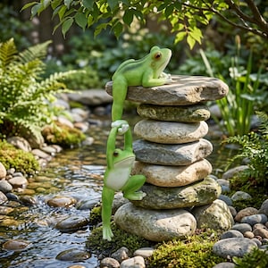Peut inclure: Deux figurines de grenouilles vertes, l'une perchée sur une pile de pierres, l'autre suspendue en dessous. Les grenouilles sont dans un jardin avec un ruisseau et de la verdure. Les pierres empilées sont de tailles et de couleurs variées.