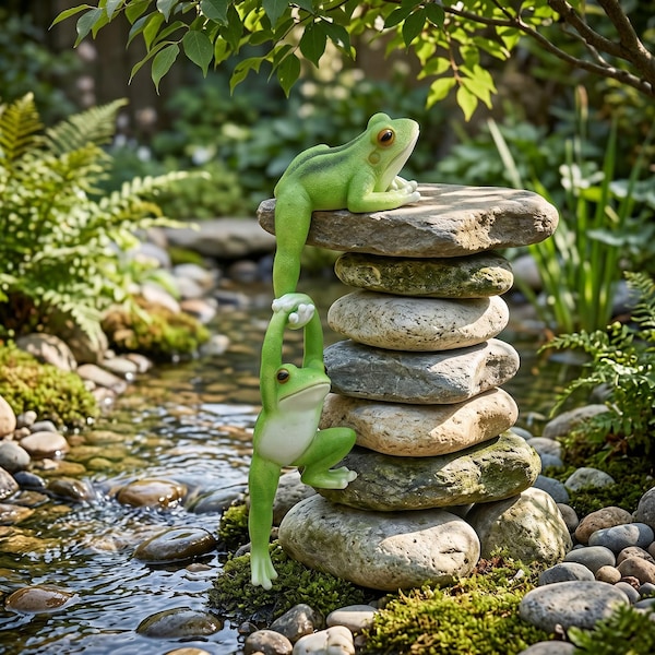 May include: Two green frog figurines, one perched atop a stack of stones, the other hanging below. The frogs are in a garden setting with a stream and lush greenery. The stacked stones are various sizes and colors.
