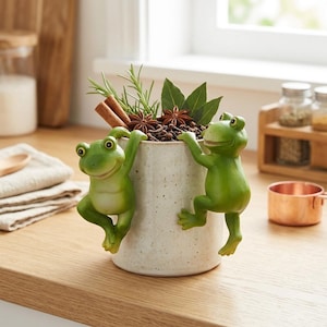 May include: A ceramic pot with a speckled finish, adorned with two green frog figurines climbing the sides. The pot is filled with spices, herbs, and cinnamon sticks. The scene is set on a wooden countertop.