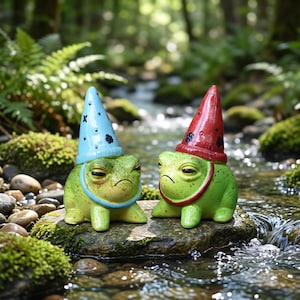 May include: Two green frog figurines with grumpy expressions, wearing pointed hats. One hat is light blue with black accents, the other is red with black accents. They sit on a rock near a stream, surrounded by greenery.