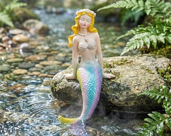 Statuetta di sirena in resina, statua di sirena colorata, decorazione per giardino costiero, ornamento per recinzione, arte da esterno per cortile, decorazione fiabesca, elemento decorativo per bordo piscina