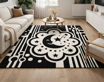 Hand Tufted Wool Rug, Black White Moon Rug, Celestial Area Rug, Boho Sun Moon Rug, Star Rug, Modern Living Room Decor, Handmade Rug