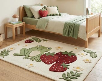 Hand Tufted Wool Rug Frog Strawberry Rug Kids Room Rug Cute Garden Rug Handmade Nursery Decor Animal Playroom Area Rug
