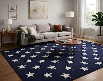 Hand Tufted Wool Rug, Star Pattern Area Rug, Navy Blue and Cream Rug, Modern Handmade Living Room Rug, Custom Size Home Decor