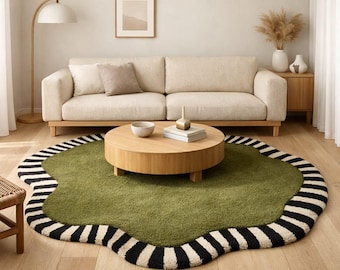 Hand Tufted Wool Rug, Green Organic Rug, Black White Striped Rug, Abstract Area Rug, Modern Boho Rug, Handmade Living Room Decor