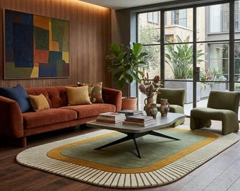 Hand Tufted Wool Rug, Modern Geometric Area Rug, Green Gold Rug, Abstract Living Room Rug, Mid Century Decor, Handmade Wool Rug
