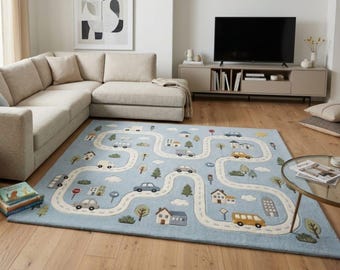 Hand Tufted Wool Road Rug, Kids Car Rug, City Map Playmat, Roadway Area Rug, Transportation Rug, Nursery Decor, Handmade Wool Rug