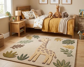 Hand Tufted Wool Rug Giraffe Rug Kids Room Rug Nursery Decor Safari Animal Rug Jungle Leaf Rug Handmade Wool Area Rug