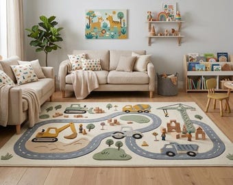 Construction Play Rug, Kids Road Rug, Truck Excavator Rug, Nursery Play Mat, Kids Room Carpet, Toddler Rug, Playroom Decor