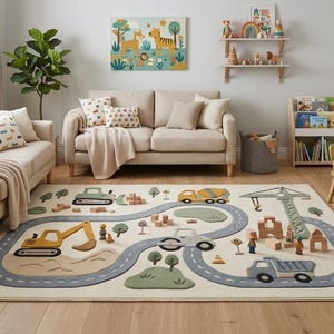 May include: A rectangular area rug featuring a light cream background with a gray winding road pattern, yellow and gray construction vehicles, green hills, and small wooden block structures, designed for a play area with a soft, textured surface.